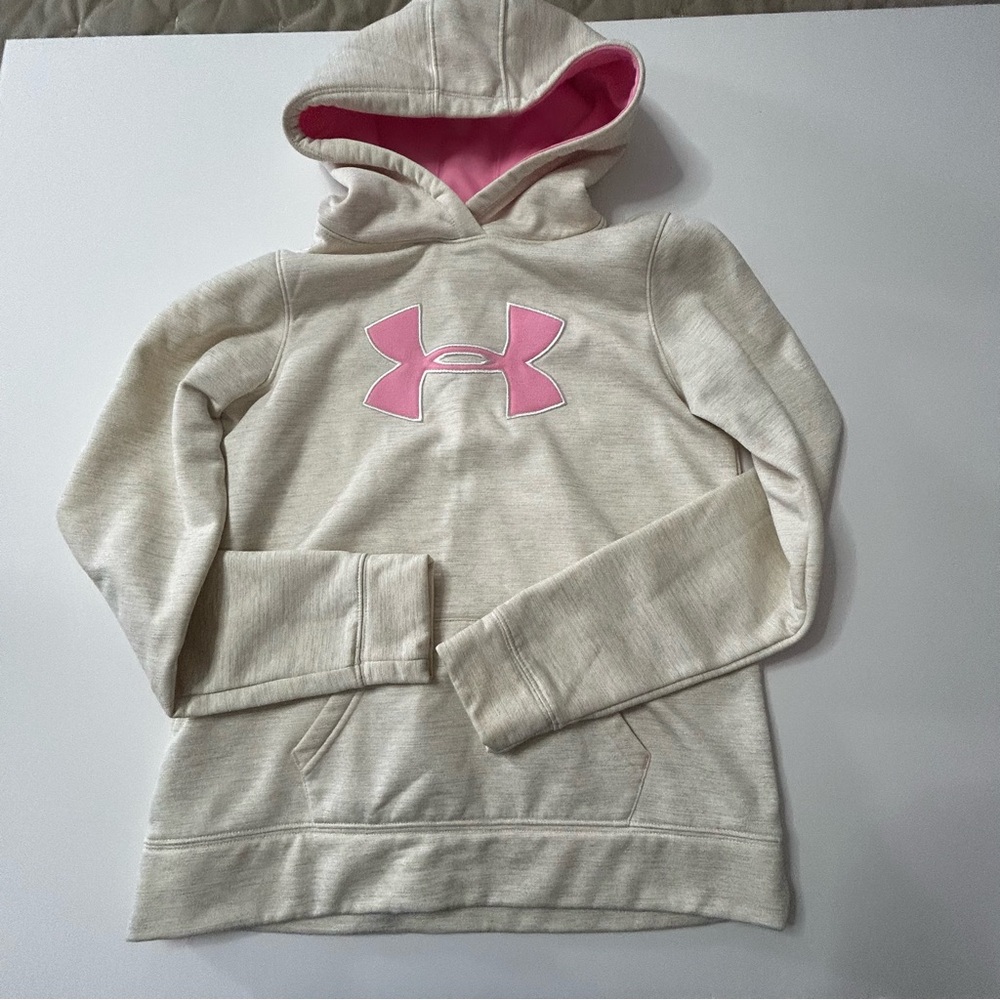 Under Armour Kids' Beige Hoodie with Pink Emblem youth med